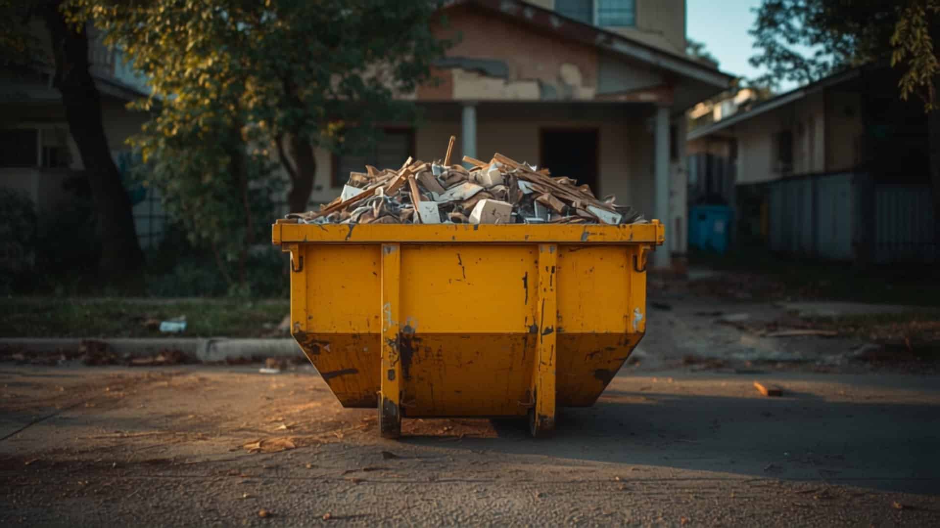 Caçamba de entulho amarela em frente a uma casa em reforma
