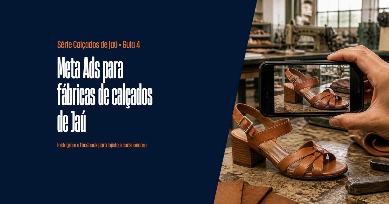 Capa – Meta Ads para fábricas de calçados de Jaú Celular filmando uma sandália feminina de couro numa bancada de fábrica de calçados