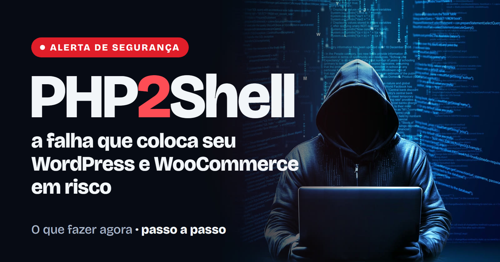 Hacker encapuzado diante de um notebook e o título PHP2Shell, a falha que coloca seu WordPress e WooCommerce em risco