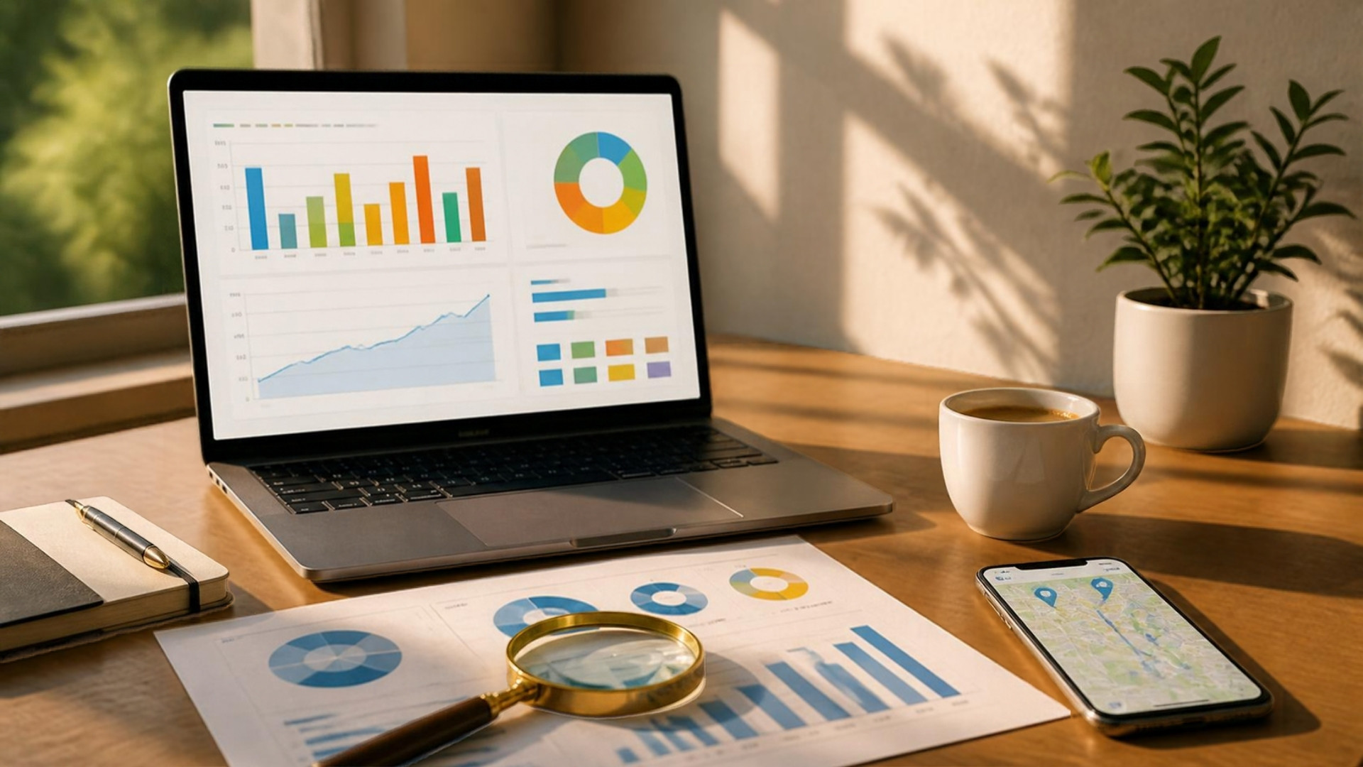 Mesa de trabalho com notebook mostrando gráficos de busca, relatório impresso com lupa e celular com mapa
